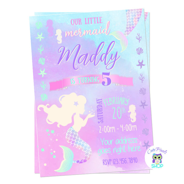 Mermaid Invitation for a Mermaid Birthday Party. Background in purple and teal, full of bubbles, seashells, seahorses and mermaid tails.