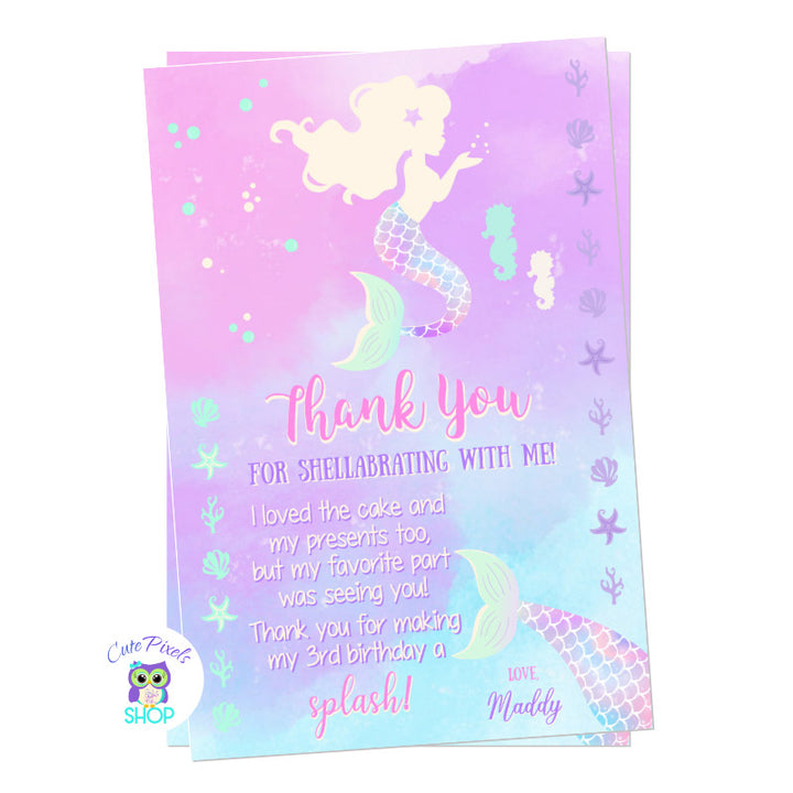 Mermaid thank you card for a Mermaid Birthday Party. Background in purple and teal, full of bubbles, seashells, seahorses and mermaid tails.