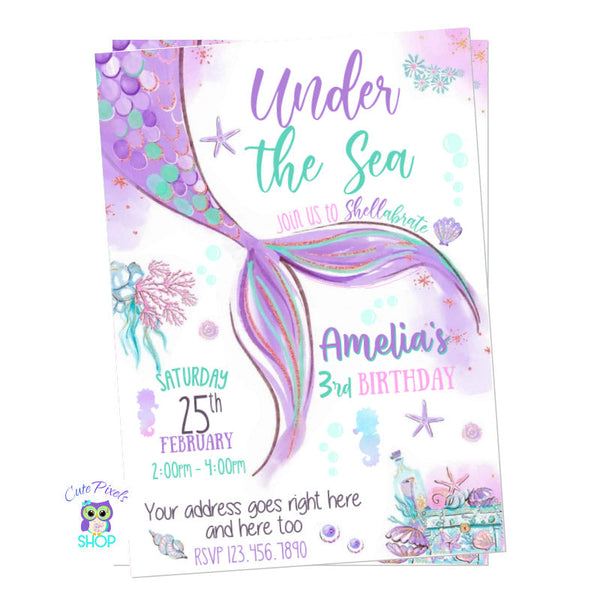Under the sea Invitation with a cute mermaid tail in purple and teal, full of shells, sea stars and bubbles.