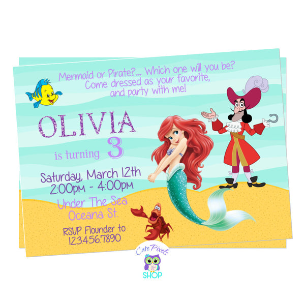 Mermaid and Pirate invitation with The Little Mermaid and Captain Hook. Princess Ariel, Captain Hook, Flounder and Sebastian in an under the sea background.