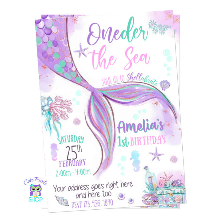 Oneder the sea invitation for a Mermaid Birthday party Under the sea! Perfect for a first birthday under the sea.
