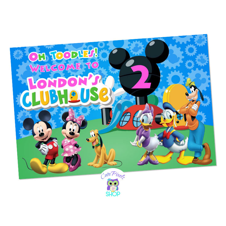 Mickey Mouse Backdrop Sign. Blue Mickey Mouse clubhouse backgroudnwith all Mickey Mouse Clubhouse characters and house on it with a welcome text and child's name similar to Mickey Clubhouse logo. Pink Design