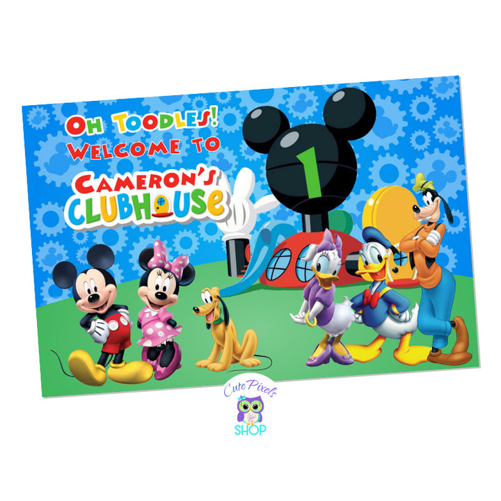Mickey Mouse Backdrop Sign. Blue Mickey Mouse clubhouse backgroudnwith all Mickey Mouse Clubhouse characters and house on it with a welcome text and child's name similar to Mickey Clubhouse logo. Red Design