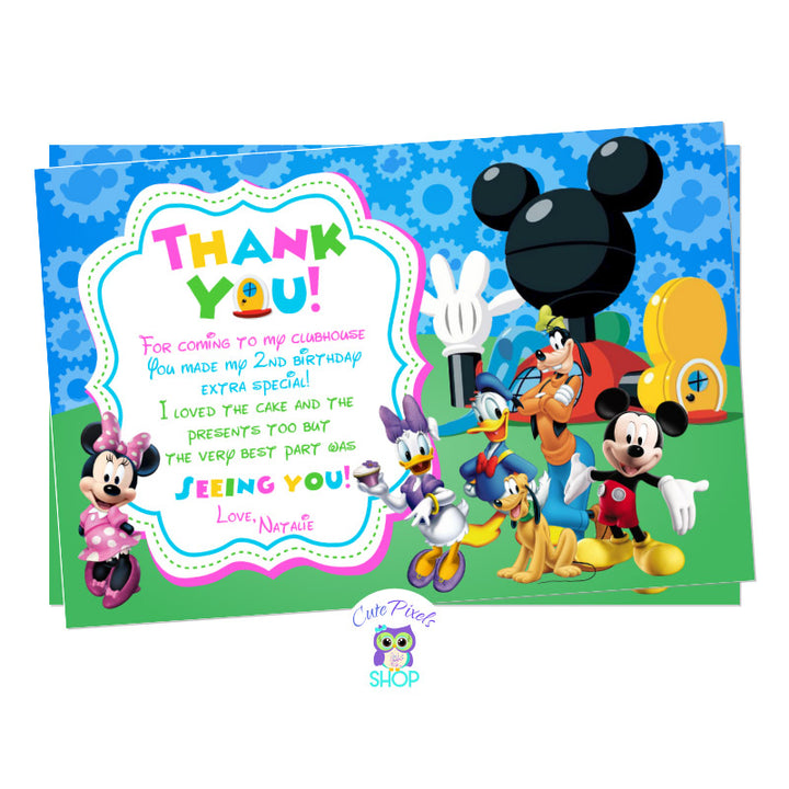 Mickey Mouse clubhouse thank you card with all mickey mouse friends, pink design