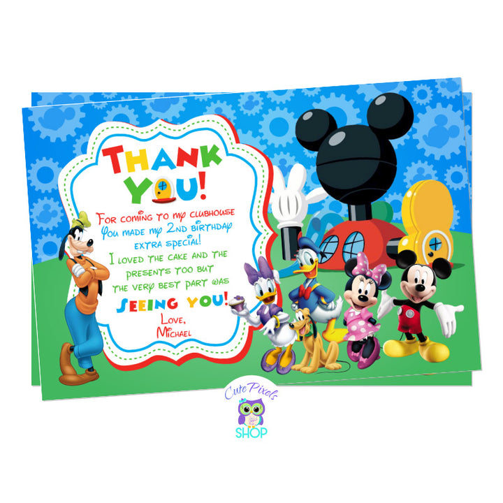 Mickey Mouse clubhouse thank you card with all mickey mouse friends, red design