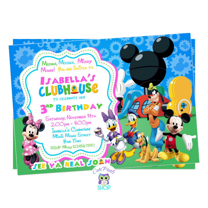 Minnie Mouse Invitation in pink with all Mickey Mouse Clubhouse friends ready to party and celebrate your child's birthday