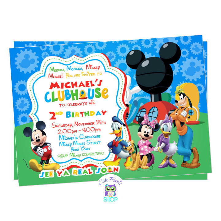 Mickey Mouse Invitation in red with all Mickey Mouse Clubhouse friends ready to party and celebrate your child's birthday