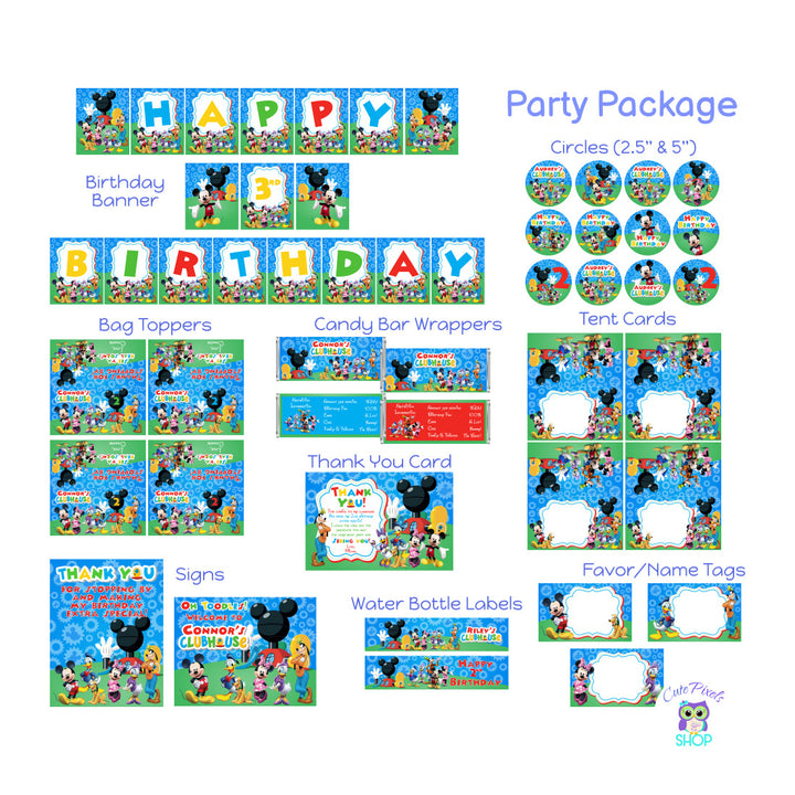 Mickey Mouse Party decorations for a Mickey Mouse clubhouse birthday party. Includes Birthday Banner, Cupcake toppers, Bag toppers, Cand Bar Wrappers, Place cards, signs, water bottle lables and favor tags