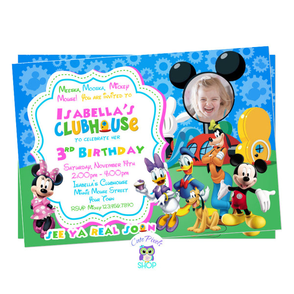 Minnie Mouse Invitation in pink with all Mickey Mouse Clubhouse friends ready to party and celebrate your child's birthday. Includes child's photo