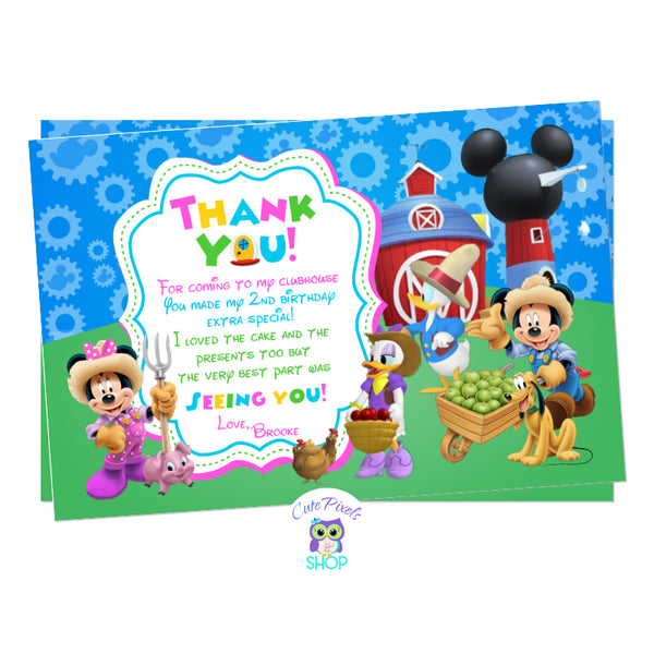 Farm birthday thank you card with all Mickey mouse clubhouse friends and farm animals perfect for a petting zoo birthday party, pink design with Minnie Mouse dressed as farmer in front