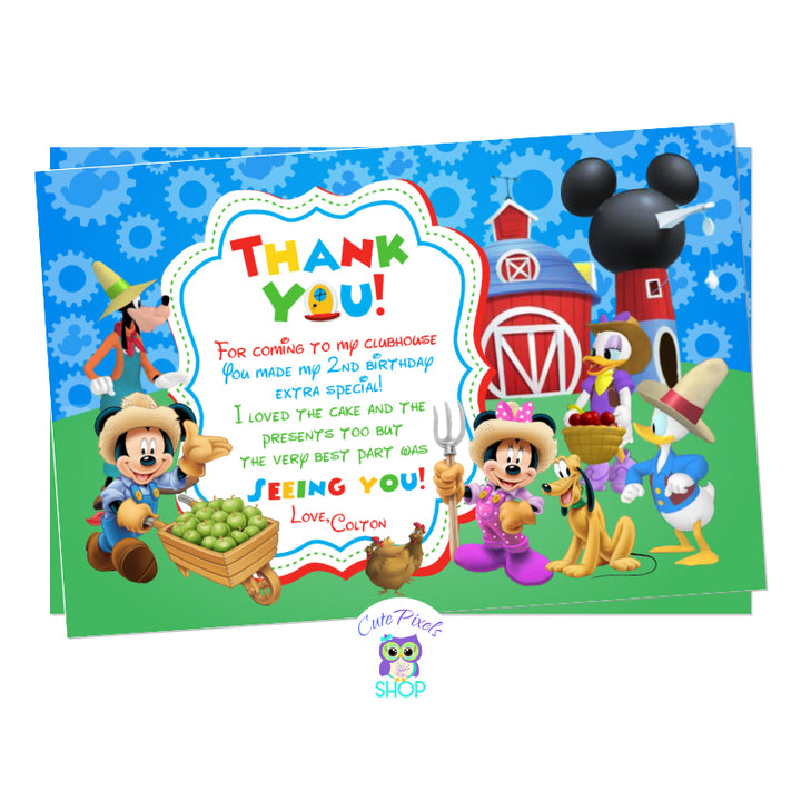 Farm birthday Thank You Card with all Mickey mouse clubhouse friends and farm animals perfect for a petting zoo birthday party, red design with Mickey Mouse dressed as farmer in front