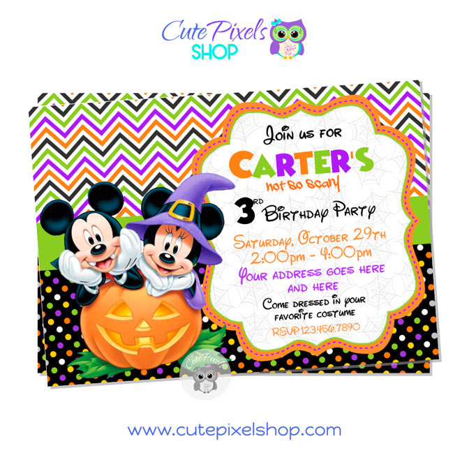 Mickey Mouse Halloween Invitation with Mickey Mouse and Minnie in a Pumpkin and Halloween costumes.