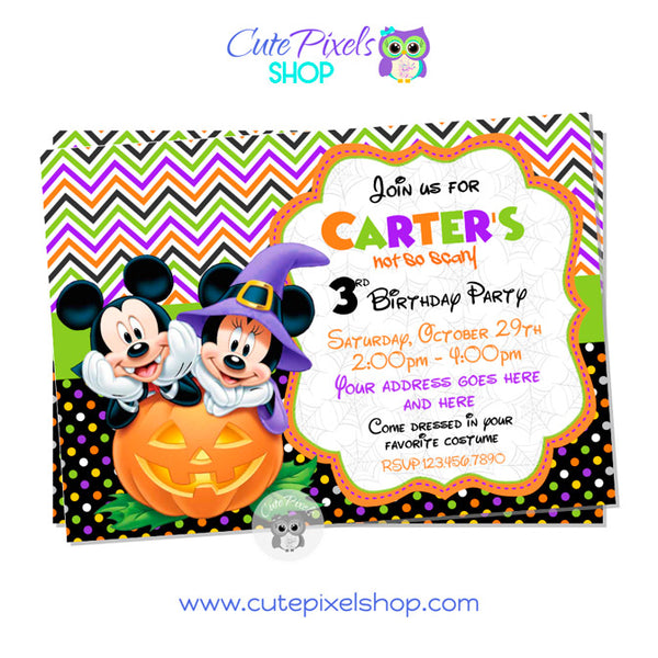 Mickey Mouse Halloween Invitation with Mickey Mouse and Minnie in a Pumpkin and Halloween costumes.
