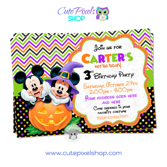 Mickey Mouse Halloween Invitation with Mickey Mouse and Minnie in a Pumpkin and Halloween costumes.