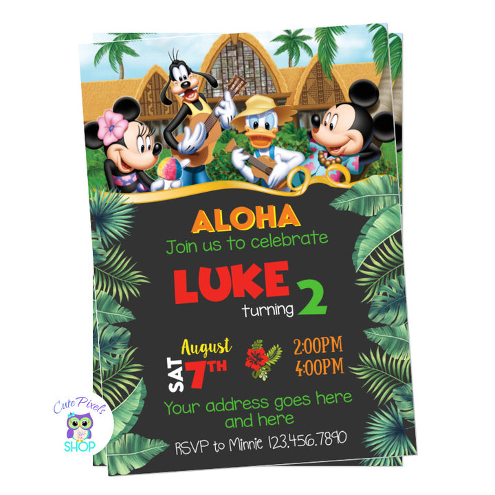 Mickey Mouse Hawaiian Invitation for an Aloha Birthday party with Mickey, Minnie, Donald and Goofy signing and dressed in Hawaiian clothes.