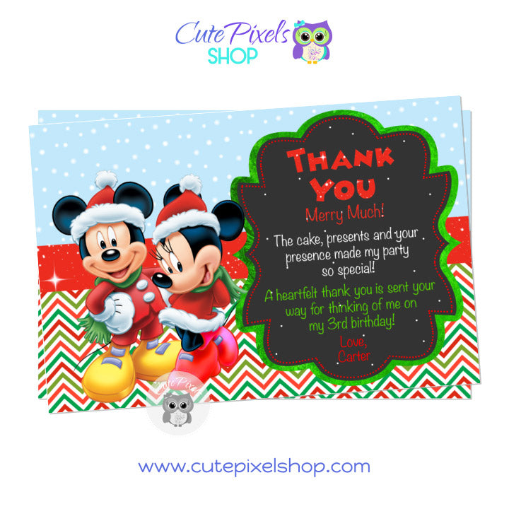 Mickey Mouse and Minnie Mouse Christmas card. Christmas thank you card with a snow and christmas pattern background, Minnie and Mickey wearing Christmas outfit and a mix of green, red and white text for the perfect Christmas party mood