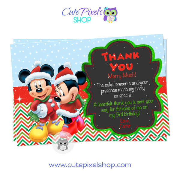Mickey Mouse and Minnie Mouse Christmas card. Christmas thank you card with a snow and christmas pattern background, Minnie and Mickey wearing Christmas outfit and a mix of green, red and white text for the perfect Christmas party mood