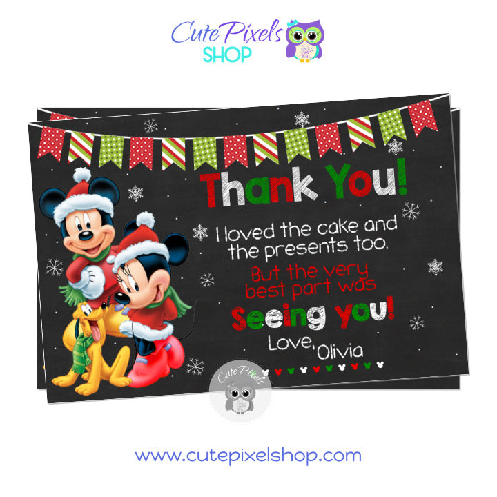 Mickey and Minnie Christmas Thank You Card. Christmas birthday card with Mickey, Minnie and Pluto in a chalkboard background with snowflakes, christmas bunting banner and text in red, white and green perfect for a christmas party