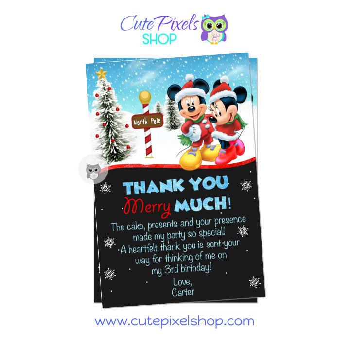 Mickey Mouse and Minnie Mouse Christmas card. Christmas card with a snow background and chalkboard background, Minnie and Mickey wearing Christmas outfit and a mix of green, red and white text for the perfect Christmas party mood
