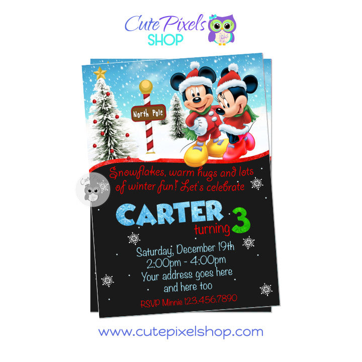 Mickey Mouse and Minnie Mouse Christmas Invitation. Christmas birthday invitation with a snow background and chalkboard background, Minnie and Mickey wearing Christmas outfit and a mix of green, red and white text for the perfect Christmas party mood