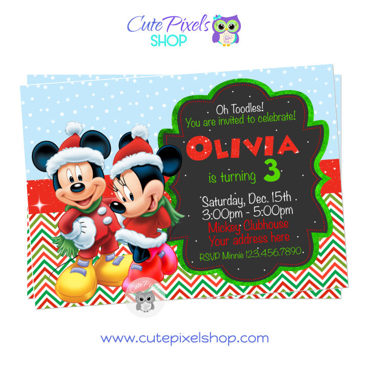 Mickey Mouse and Minnie Mouse Christmas Invitation. Christmas birthday invitation with a snow and christmas pattern background, Minnie and Mickey wearing Christmas outfit and a mix of green, red and white text for the perfect Christmas party mood