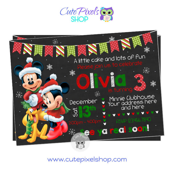 Mickey and Minnie Christmas Invitation. Christmas birthday invitation with Mickey, Minnie and Pluto in a chalkboard background with snowflakes, christmas bunting banner and text in red, white and green perfect for a christmas party