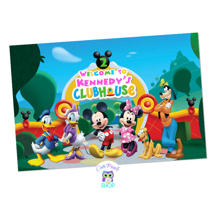 Mickey Mouse Clubhouse Backdrop Sign. Mickey Mouse and all clubhouse friends posing at the entrance of the Mickey Mouse Clubhouse with a welcome for your Birthday. Use as welcome sign backdrop for dessert table or party decoration. Pink Design