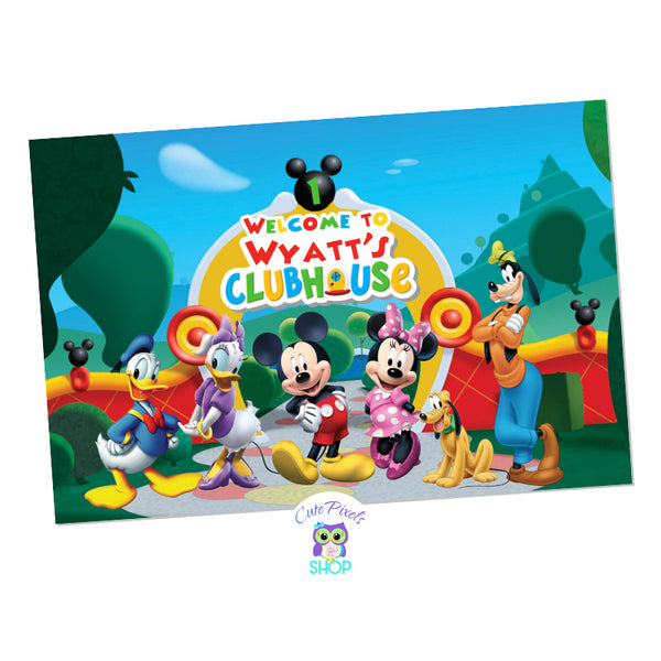 Mickey Mouse Clubhouse Backdrop Sign. Mickey Mouse and all clubhouse friends posing at the entrance of the Mickey Mouse Clubhouse with a welcome for your Birthday. Use as welcome sign backdrop for dessert table or party decoration. Red Design