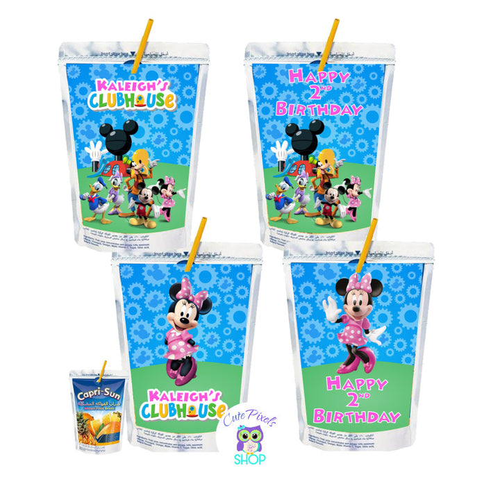 Mickey Mouse Capri Sun Labels for a Mickey Mouse Clubhouse Birthday customized with child's name as the Mickey Mouse clubhouse logo with Minnie Mouse and friends, text in pink. Labels for Capri Sun pouches