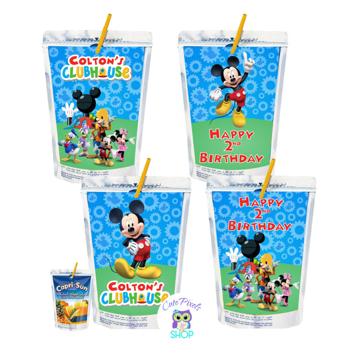 Mickey Mouse Capri Sun Labels for a Mickey Mouse Clubhouse Birthday customized with child's name as the Mickey Mouse clubhouse logo with Mickey and friends, text in red. Labels for Capri Sun pouches