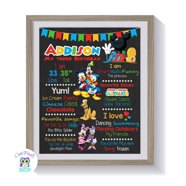 Mickey Mouse Birthday sign, Mickey Mouse Clubhouse chalkboard sign with milestones for child with Mickey Mouse Clubhouse Characters placed in a frame