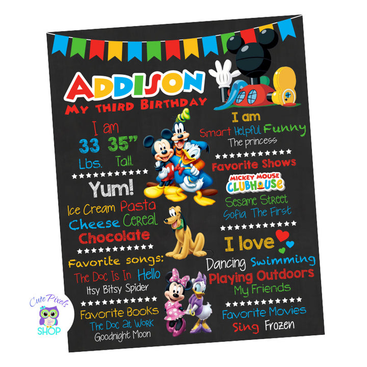 Mickey Mouse Birthday sign, Mickey Mouse Clubhouse chalkboard sign with milestones for child with Mickey Mouse Clubhouse Characters