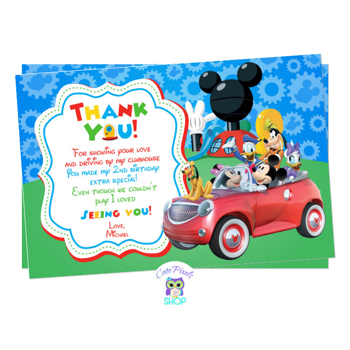 Mickey Mouse Drive By Birthday Parade Thank You Card. Mickey Mouse and the clubhouse friends in a car ready for a Drive By Birthday parade