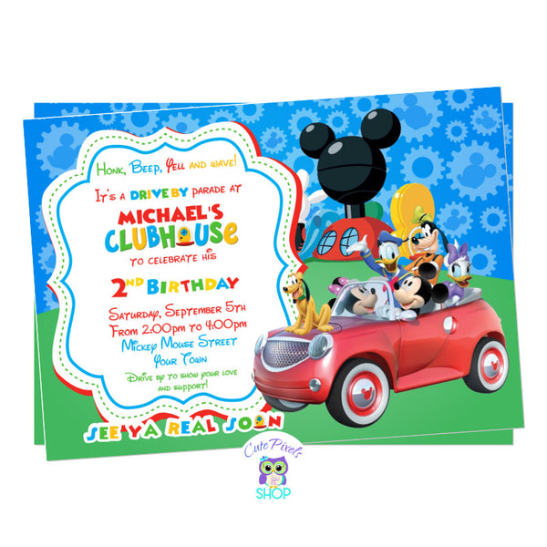 Mickey Mouse Drive By Birthday Parade Invitation. Mickey Mouse and the clubhouse friends in a car ready for a Drive By Birthday parade