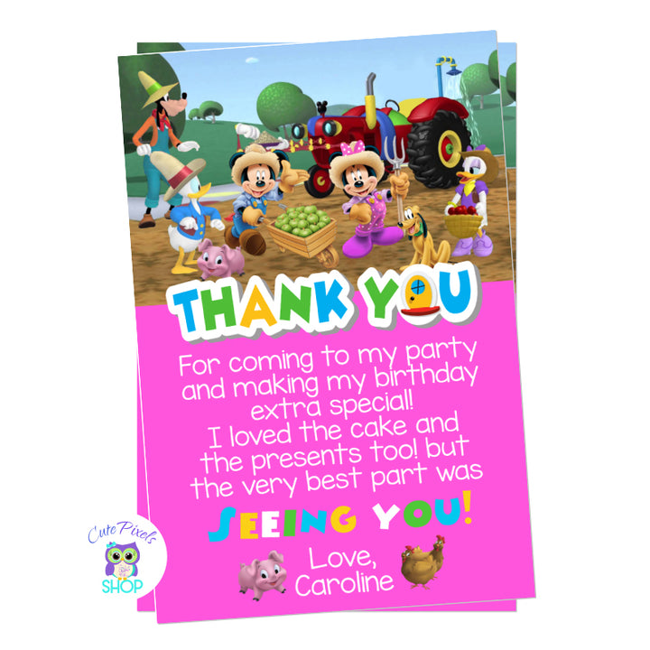 Mickey Mouse Farm thank you card for a Mickey Mouse petting zoo birthday. Mickey Mouse and all friends on a farm with a tractor in the back. Pink design