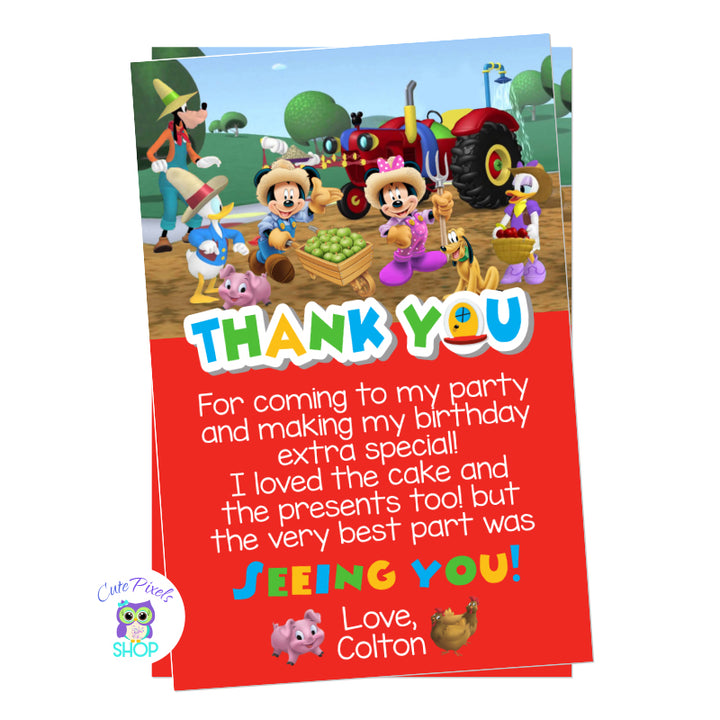 Mickey Mouse Farm thank you card for a Mickey Mouse petting zoo birthday. Mickey Mouse and all friends on a farm with a tractor in the back. Pink design