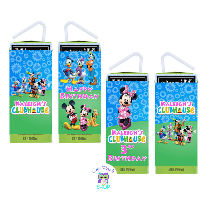 Mickey Mouse Juice Box Labels for a Mickey Mouse Clubhouse Birthday customized with child's name as the Mickey Mouse clubhouse logo with Minnie Mouse and friends, text in pink. Labels for juice Boxes