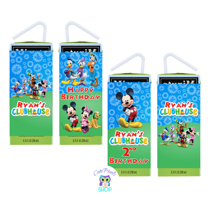 Mickey Mouse Juice Box Labels for a Mickey Mouse Clubhouse Birthday customized with child's name as the Mickey Mouse clubhouse logo with Mickey and friends, text in red. Labels for juice Boxes