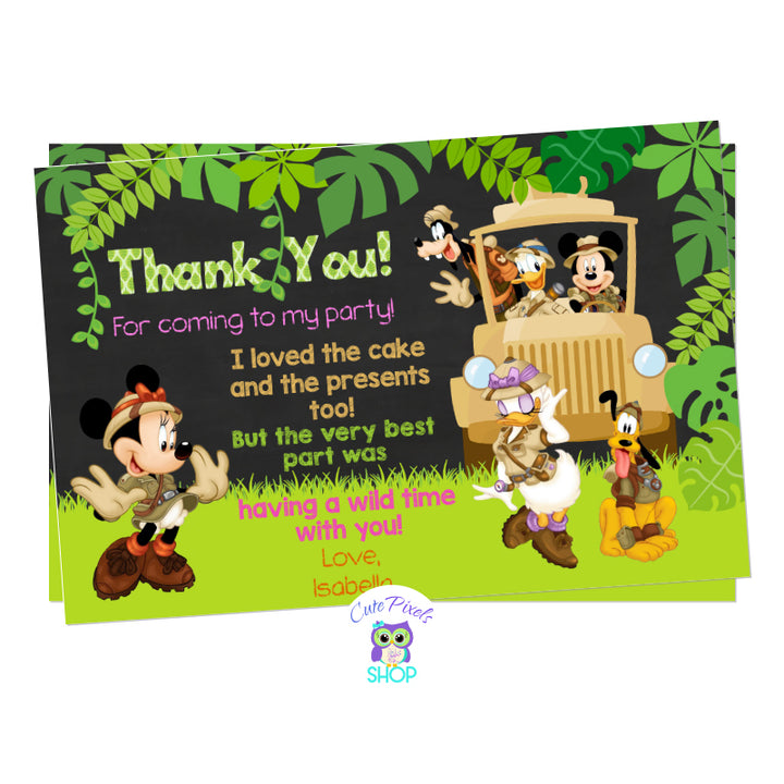 Mickey Mouse Safari Thank you card. Minnie Mouse and Daisy Duck in front with Mickey Mouse, Goofy and Donald in a car for Safari, surrounded by green leaves. Perfect for a Safari Birthday
