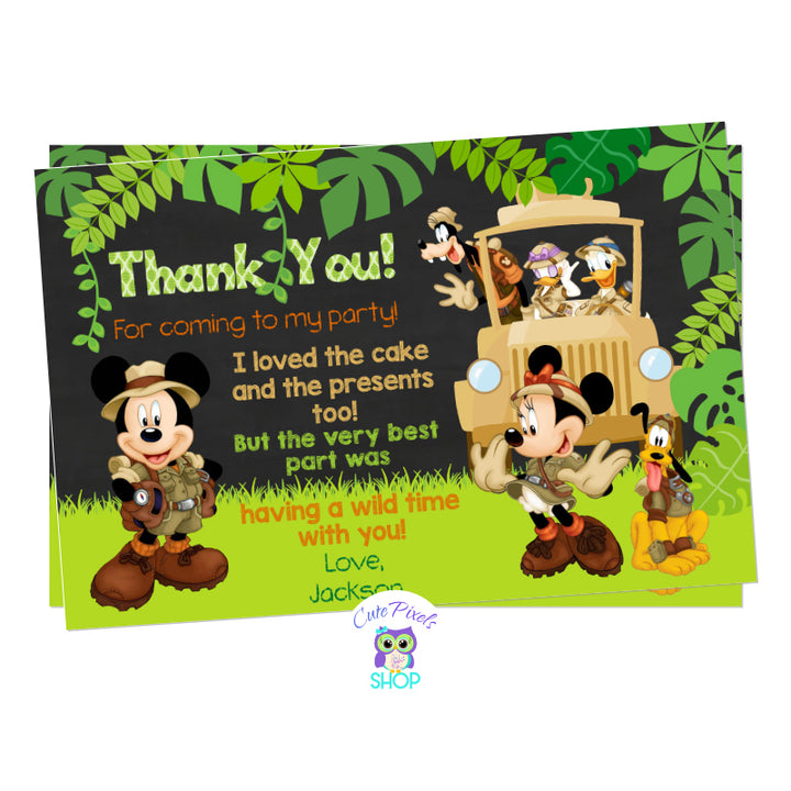 Mickey Mouse Safari Thank you card. Mickey Mouse and Minnie in front with Daisy, Goofy and Donald in a car for Safari, surrounded by green leaves. Perfect for a Safari Birthday