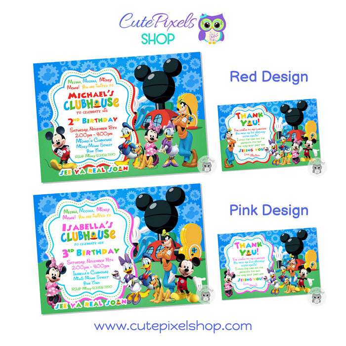 Mickey Mouse Clubhouse thank you and invitation card, red and pink design.