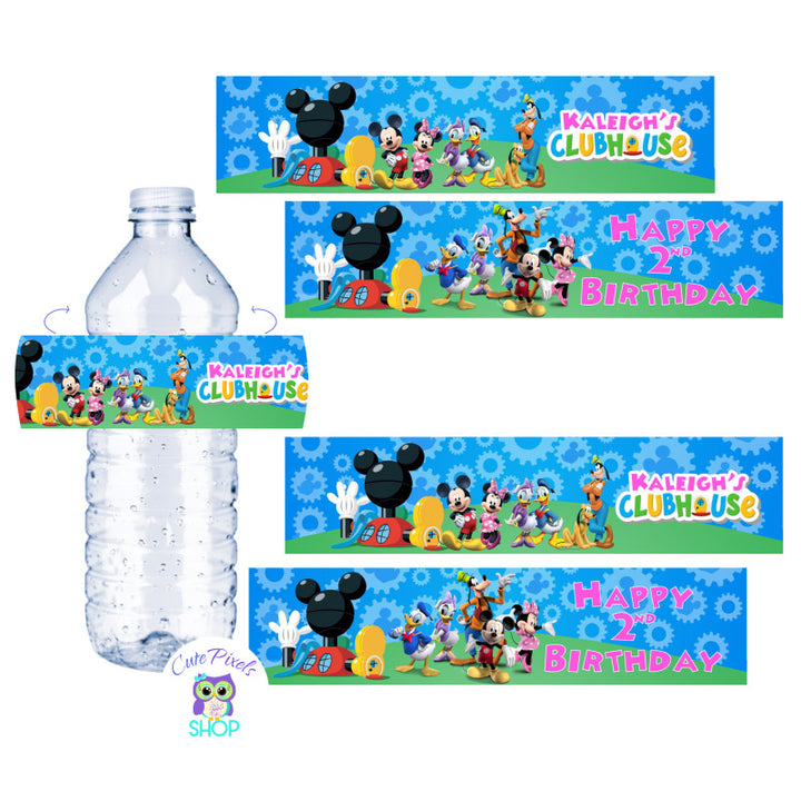 Mickey Mouse Water Bottle Labels for a Mickey Mouse Clubhouse Birthday in pink customized with child's name as the Mickey Mouse clubhouse logo with Minnie Mouse and friends, text in pink. Labels for Water Bottles or drink bottles