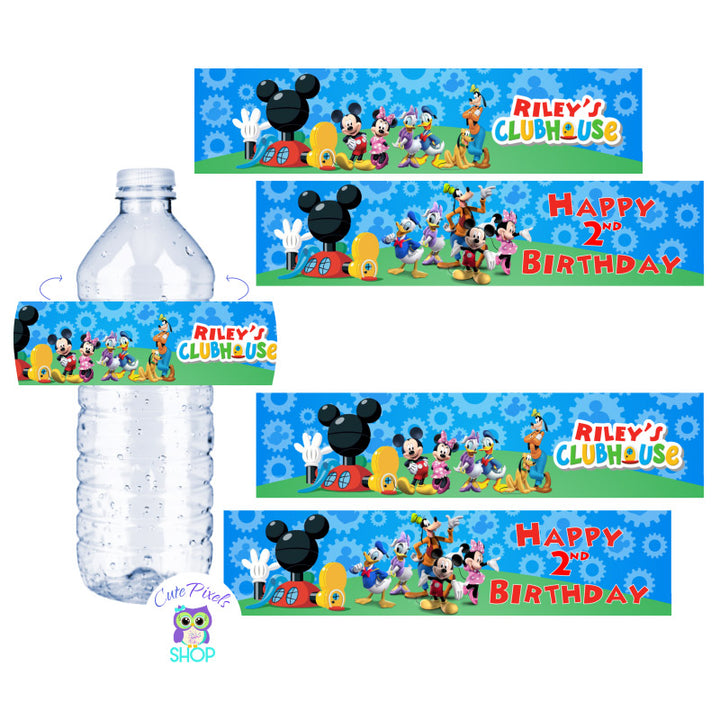 Mickey Mouse Water Bottle Labels for a Mickey Mouse Clubhouse Birthday customized with child's name as the Mickey Mouse clubhouse logo with Mickey and friends, text in red. Labels for Water Bottles or drink bottles