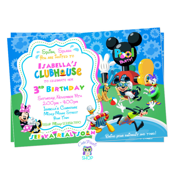 Mickey invitation for a Pool party. All Mickey Mouse clubhouse friends are enjoying summer in a pool party. Mickey Mouse, Minnie Mouse, Donald, Daisy, goofy and Pluto next to a pool wearing swimwear. Pink design