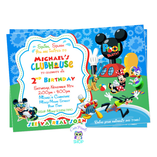 Mickey invitation for a Pool party. All Mickey Mouse clubhouse friends are enjoying summer in a pool party. Mickey Mouse, Minnie Mouse, Donald, Daisy, goofy and Pluto next to a pool wearing swimwear. Red design