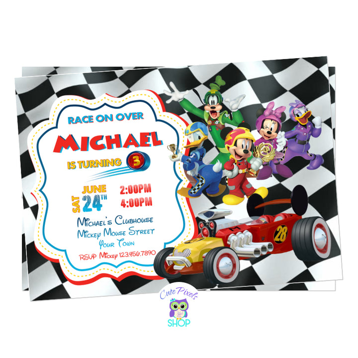 Mickey Mouse roadster racers invitation with all Mickey Mouse Clubhouse and Mickey Mouse Mixed-up adventures friends. Racing flag as background.