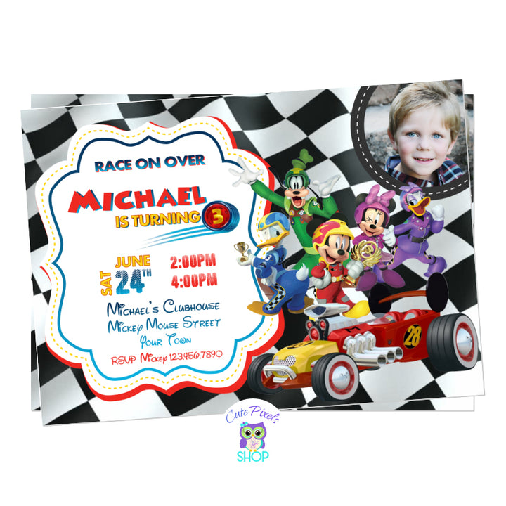 Mickey Mouse roadster racers invitation with all Mickey Mouse Clubhouse and Mickey Mouse Mixed-up adventures friends. Racing flag as background. White Design including child's photo