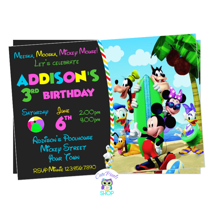 Mickey invitation for a Summer party. All Mickey Mouse clubhouse friends are enjoying summer in a the beach. Mickey Mouse, Minnie Mouse, Donald, Daisy, goofy and Pluto in the beach wearing swimwear. Pink design with chalkboard background