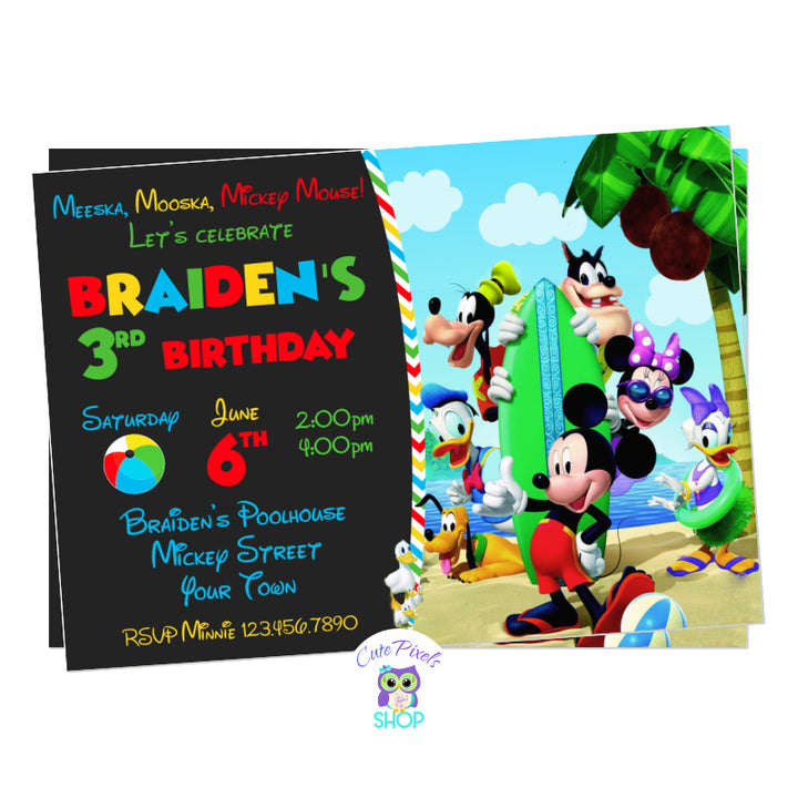 Mickey invitation for a Summer party. All Mickey Mouse clubhouse friends are enjoying summer in a the beach. Mickey Mouse, Minnie Mouse, Donald, Daisy, goofy and Pluto in the beach wearing swimwear. Red design with chalkboard background