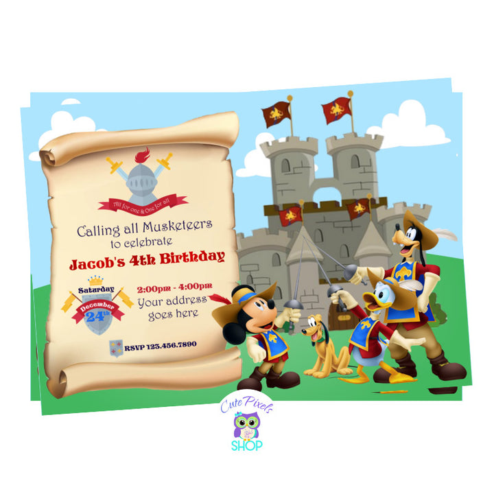 Mickey Mouse three musketeers invitation with Mickey Mouse, Donald and Goofy as musketeers having a Medieval castle in the back and all party info in a parchment paper roll, perfect for a different Mickey mouse Birthday party